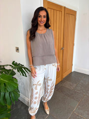 White & Camel Coastal Print Hareem Trousers