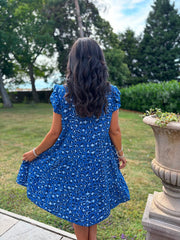 Royal Blue Bubble Cotton Leopard Dress Crystal