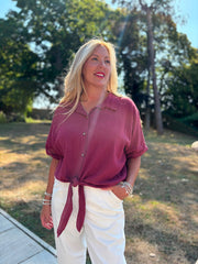 Wine Tie Front Blouse Brielle