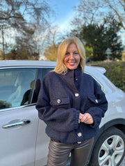 Navy Boucle High Neck Bomber Jacket Jude