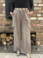 Mocha Wide Leg Pull On Cargo Trousers