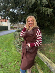 Chocolate Sleeveless Faux Fur Trim Coat Alexis