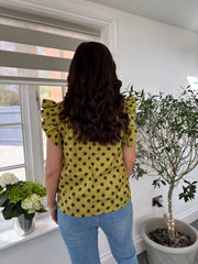 Olive & Chocolate Polka Dot Frill Sleeve Top Bailey