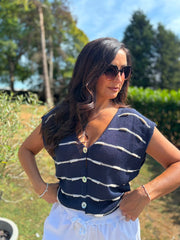 Navy Buttoned Stripe Knit Edith