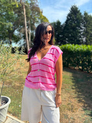 Candy Pink Buttoned Stripe Knit Edith