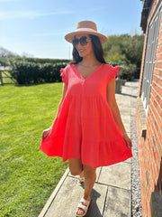 Coral Frill Sleeve Bubble Cotton Dress Alison