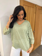 Green Marl Crochet Detail Top Cora