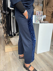 Navy Cropped Sequin Panel Wide Leg Trousers