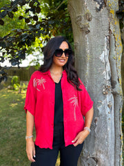 Red Linen Studded Palm Shirt Ruby