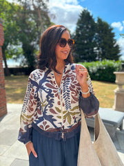 Navy Palm Oasis Linen Blend Bomber Jacket