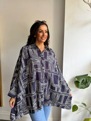 Navy Geometric Line Print Oversized Shirt Irene