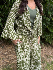 Khaki Geometric Tie Front Trouser Set Peyton