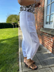 White Bubble Cotton Barrel Leg Trousers
