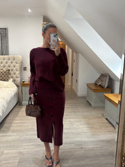 Wine Button Detail Two Piece Skirt Set Jenny