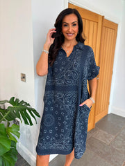 Navy Bubble Cotton Paisley Shirt Dress Jane