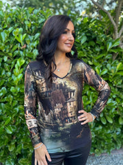 Black Scenic Printed Top River
