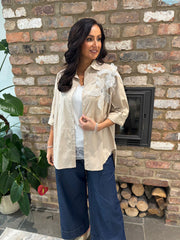 Oatmeal Embellished Floral Applique Blouse Misty