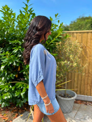 Denim Linen Studded Palm Shirt Ruby