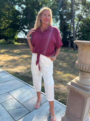 Wine Tie Front Blouse Brielle