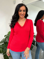 Red Ribbed Long Sleeve Lace V Neck Erin