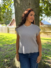 Grey Beaded Neckline Knit Alison