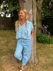 Blue Gathered Hem V Neck Top Willa