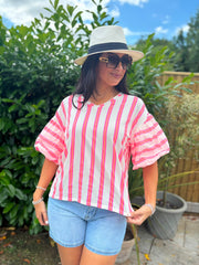 Neon Pink Puff Sleeve Striped Top Erin