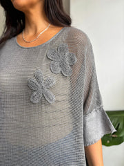 Charcoal Distressed Trim Net Top Shirley