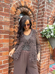 Chocolate Tie Front Crochet Cardi Lottie