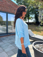 Blue Frayed Detail V Neck Top River