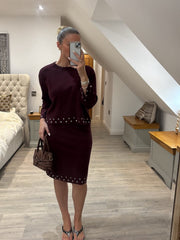 Wine Stud Detail Two Piece Skirt Set Wilma