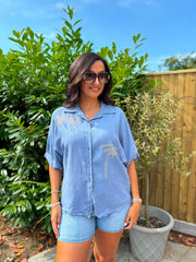 Denim Linen Studded Palm Shirt Ruby