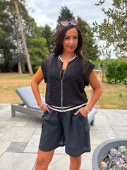 Black Eyelet Crochet Sleeveless Jacket Sharon