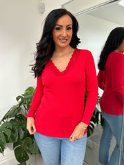 Red Ribbed Long Sleeve Lace V Neck Erin