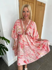 Coral Stripe Multi Pattern Kaftan Dress Mia