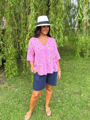 Candy Pink Paisley Bubble Cotton Top Quinley