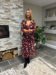 Wine Polka Dot Belted Mesh Dress Alana