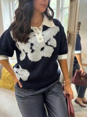 Navy Luxury Collared Floral Knit Eve