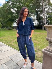 Navy Mesh Detail Barrel Leg Trousers Parker