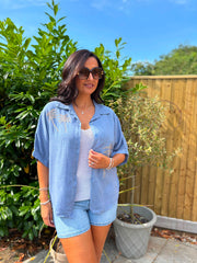 Denim Linen Studded Palm Shirt Ruby