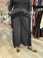 Black Cropped Sequin Panel Wide Leg Trousers