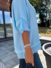 Blue Frayed Detail V Neck Top River