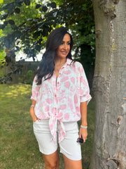Pink Leaf Print Tie Front Blouse Brielle