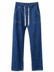 Denim Pull on Straight Leg Drawstring Jeans