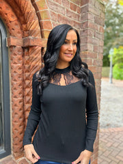 Black Lace Ribbed Top Francesca