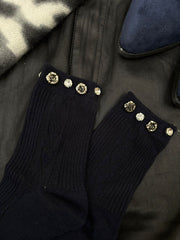 Navy Ribbed Rose Bead Socks