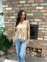 Mocha Abstract Print Mesh Top Jenna