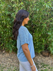 Denim Net Sleeve Applique Tee Gemma