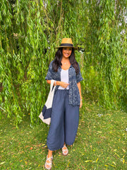 Navy Ruched Drawstring Wide Leg Trousers