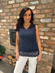 Navy Ribbed Lace Trim Vest Primrose